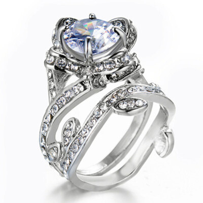 

Women Silver Plated Flower Leaf Round Couple Rings Diamond Wedding Bridal Ring