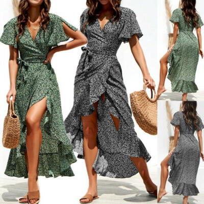 

UK BOHO Womens Ladies Summer Beach Long Maxi Dress Holiday Short Sleeve Sundress