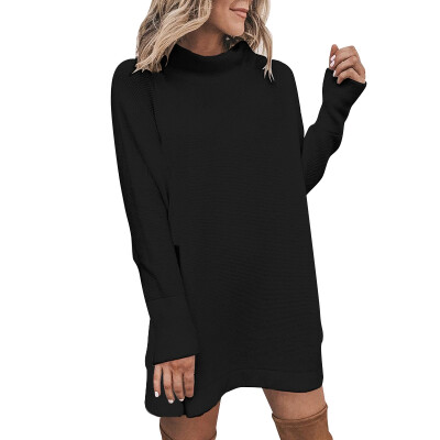 

Women Autumn Stylish Solid Color High Collar Long Sleeve Loose High Collar Elegant Sweater Dress