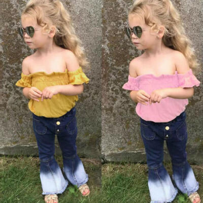 

US 2Pcs Newborn Kids Baby Girls Off Shoulder Tops Denim Pants Jeans Outfits Set