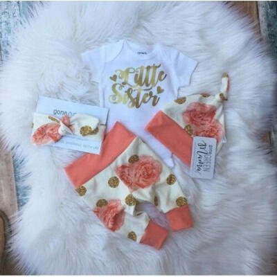 

4Pcs Newborn Baby Girl Flower Romper Long Pants Legging Hat Outfit Set