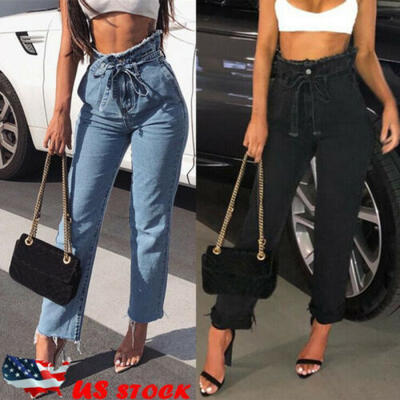 

Women Blue Black Jeans Drawstring Elastic Waist Stretch Denim Pencil Trousers US