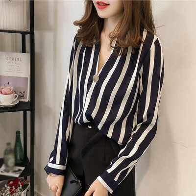 

Womens Stripes Print Tops Casual Business Office Long Sleeve Loose Shirt Blouse