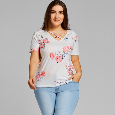 

Roseonmyhand Womens Plus Size Casual V-Neck Short-Sleeved Printed Curved Hem T-shirt Top