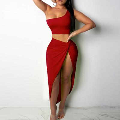 

Roseonmyhand Fashion Women Sexy Solid One Shoulder Short Top Bodycon Tank Split Skirt Suit