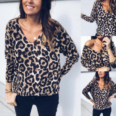 

Womens Autumn Long Sleeve V Neck Pullover Blouse Tops T Shirt Casual leopard CA