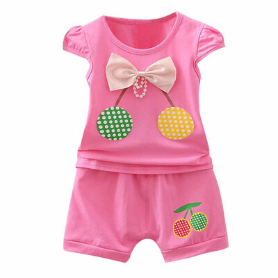 

Summer Baby Girls Clothing Set Fly Sleeve Cherry Print Bow T-shirt TopsShorts Casual Outfits Sets