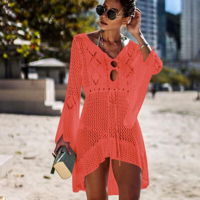 

Sexy Women Bikini Cover Up Fishnet Hollow Out Long Sleeve Knitted Swimsuit Coverups Beach Dress