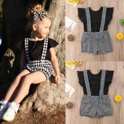 

2PCS Newborn Kids Baby Girls Outfits Set Black Ruffle Sleeve Tops Striped Short Bib Pants New 0-4 Years Summerno headband