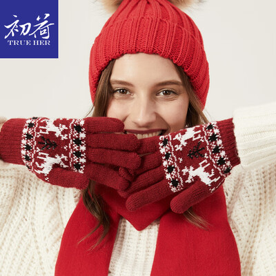 

Initial load TRUE HER wool gloves autumn&winter men&women knitted Christmas deer five fingers outdoor cold thick warm finger touch screen gloves red