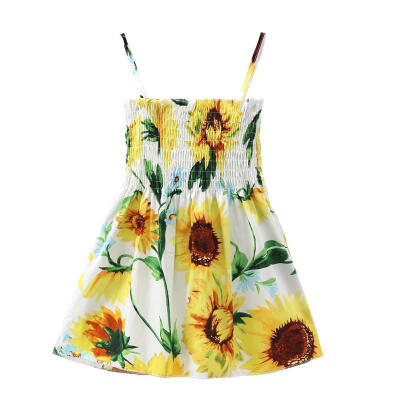 

Girl Sweet Summer Sunflower Print Wrap Chest Spaghetti Strap Backless Dress