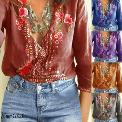 

Summer Women Oversized Casual Tops Blouse Lady Long Sleeve V Neck Floral T-Shirt