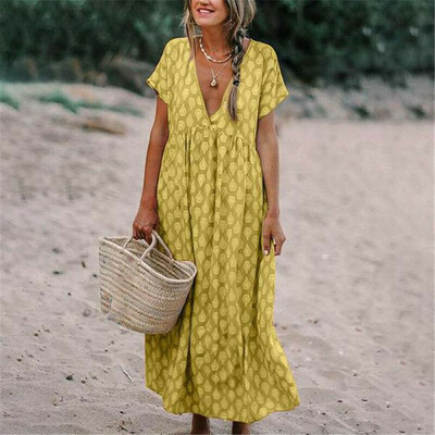

Women Boho Summer Short Sleeve Long T-Shirt Casual Cotton Loose Dress Plus Size