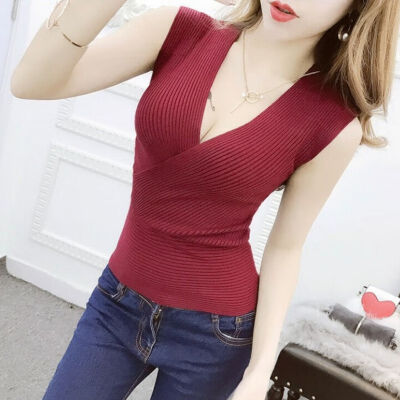 

Women Deep V Neck Bottoming Out Sleeveless Vest Low-cut Cross Straps Elastic Sleeveless Knitting Tank Top