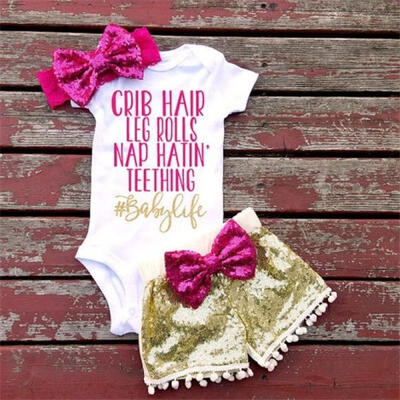 

3PCS Baby Girls CRIB HAIR Rompers Outfits Sequin Headband Pants Party Clothes