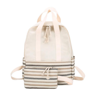 

2pcsSet Striped Canvas Backpack Women Schoolbags Clutch Travel Rucksack