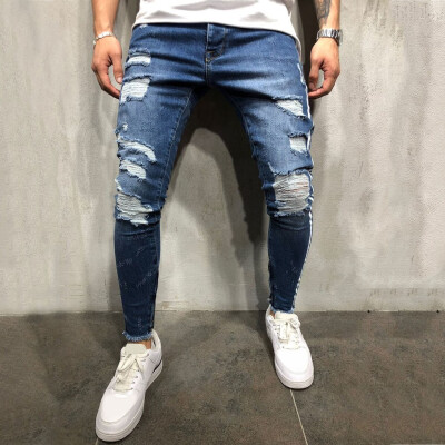 

Gobestart Mens Fashion Casual Denim Straight Hole Trouser Distressed Jeans Long Pants