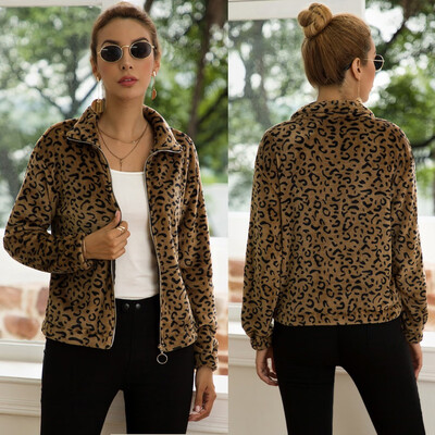 

Tailored Women Fashion Leopard Outerwear Long Sleeve Zipper Turndown Collar Plush Coat