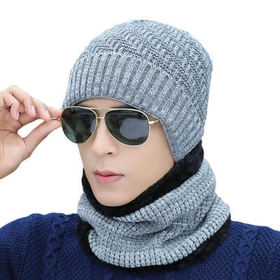 

Men Fashion Crochet Knitted Beanie Winter Warm Hat Caps with Collar Scarf