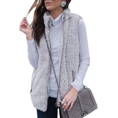 

Women Fleece Vest Stand Collar Warm Zip Up Faux Fur Waistcoat with Pockets
