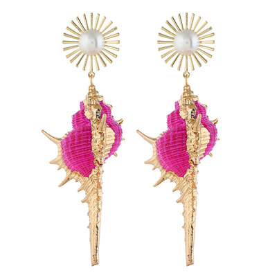 

Bohemian Beach Women Faux Pearl Inlaid Conch Pendant Statement Stud Earrings