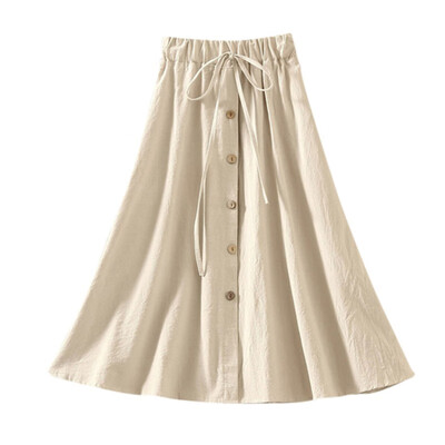 

Japan stylish cozy Cotton Linen Women Skirt High Waist A Line skirt female Button Solid Skater Casual Knee-Length Pleated Skirt