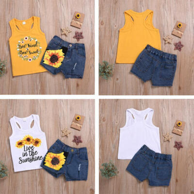 

2PCS Toddler Kids Baby Girl Sunflower Tops T-ShirtDenim Shorts Outfits Clothes