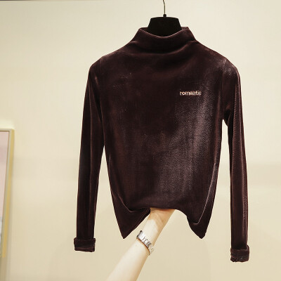 

Women Autumn Embroidered Slim High Collar Bottoming Long Sleeve Solid Color Casual T-shirt