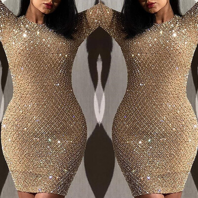 

〖Follure〗Sexy Womens Long Sleeve O-Neck Sequin Bodycon Cocktail Prom Gown Dress