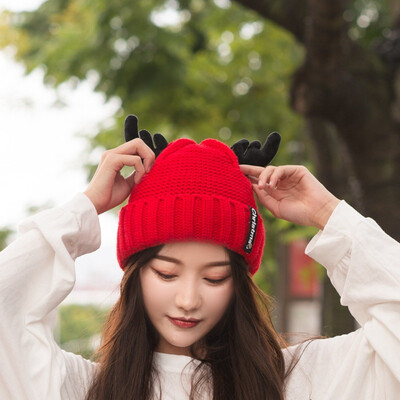 

Brilliant Hat Lady Autumn&Winter New Sweet Antler Knitted Wool Cap Korean Outdoor Furring Thickening Headgear