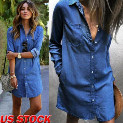 

Womens Denim Jeans Dress Button Long Sleeve Loose Casual Top Mini Shirt Dress