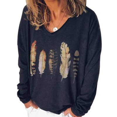 

2019 Fashion Casual Women Feather Printing V-neck Long sleeves Loose T-shirt