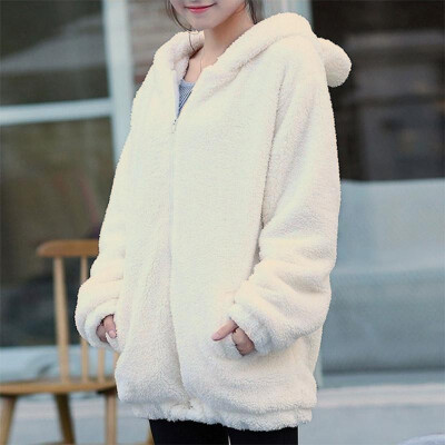 

Fashion Women Winter Solid Color Fluffy Hoodies Hooded Long Sleeve Zipper Pocket Bear Ear Cute Casual Warm Coat