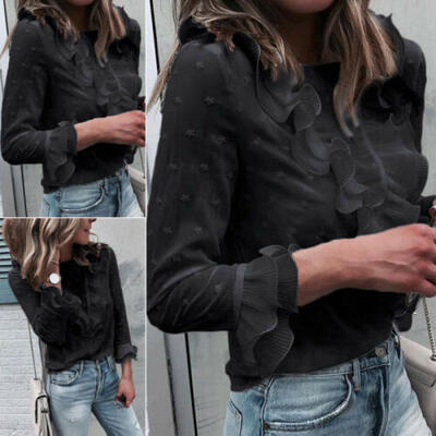 

Hot Womens Ruffle Long Sleeve Slim T-Shirt Ladies Summer Casual Blouse Tops Tee