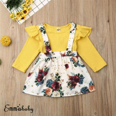 

Summer Baby Girl Kid Dress Outfits Tops Shirt Strap Suspender Skirt Clothes US