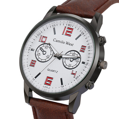 

Gobestart Fashion Business Mens Watch Three-eye Dial Casual Leather Belt Quartz Watch
