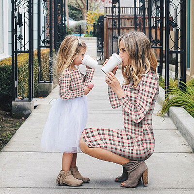 

Tailored Mommy＆Me Womens Long Sleeves O-Neck Printed Lattice Family Clothes Dress