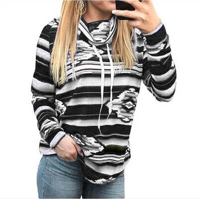 

Tailored Fashion Women Piled CollarGeometric Print Bandage Long Sleeve Top Sweatshirt