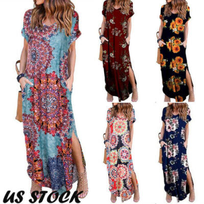 

US Womens Summer T Shirt Dress Tunic Tops Beach Casual Party Solid Maxi Sundress