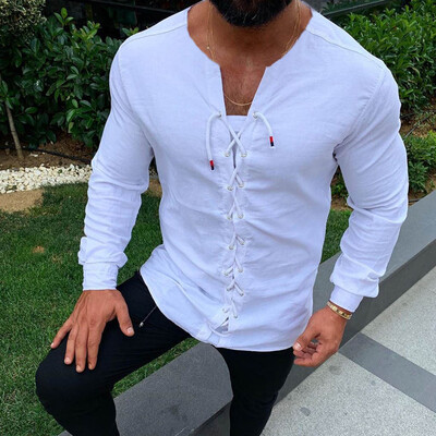 

Mens Tether Tie Long Sleeve Shirt Casual Lapel Slim Fit T-shirt Tops Size -3XL