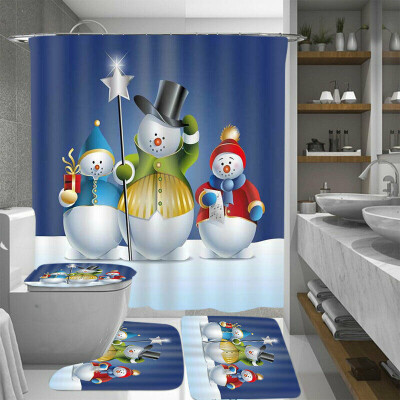 

Bathroom Christmas Snowman Rug Mat Toilet Cover Kits Shower Curtain Waterproof