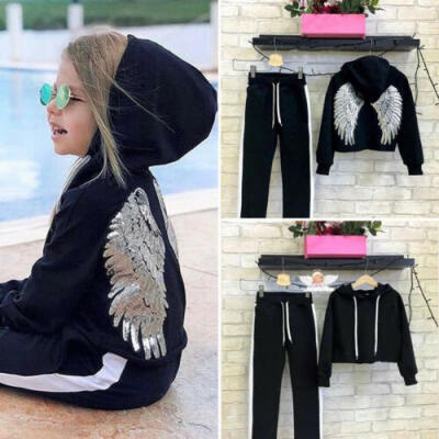 

Toddler Kids Baby Girl Clothes Hooded Wing Tops Long Pants Tracksuit Outfits US