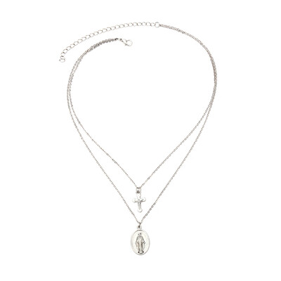 

Religious Jewelry Double Layer Madonna Holy Mother Cross Pendant Women Necklace