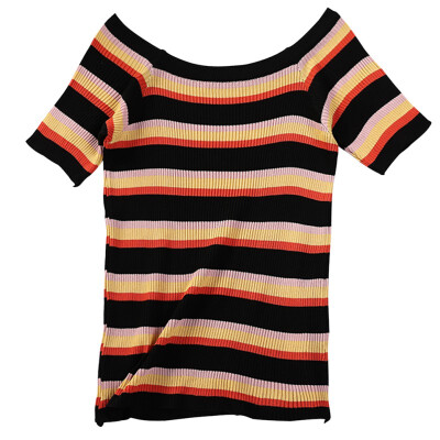 

Sexy Colorful Stripe Pattern Womens Tees Korean Style Sexy Off The Shoulder Half Sleeve Knit Tops