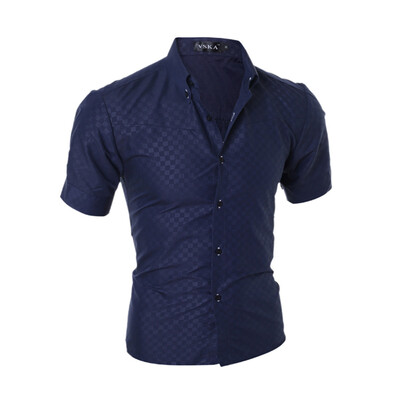 

New Fashion Dark Plaid Men\s Slim Short-Sleeve Shirt