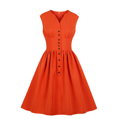 

Plus Size V-Neck Button Printing Pure Color Collect Waist Pleated Dress