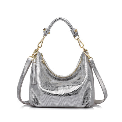 

REALER women genuine leather shoulder bag serpentine pattern small handbag casual tote bag lady crossbody bag GoldSilver