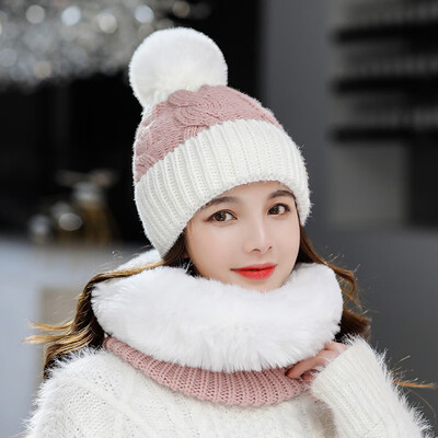 

Autumn&winter 2019 Wool Hat Womens color matching wool ball warm knit hat set head Bib Set hat manufacturer direct sales