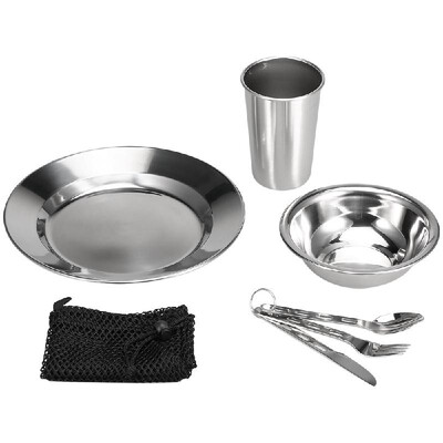

7PCS Stainless Steel 1-Person Table Set Outdoor Tableware Mess Kit Dinner Plate Bowl Cup Spoon Fork Cutter with Mesh Travel Bag fo