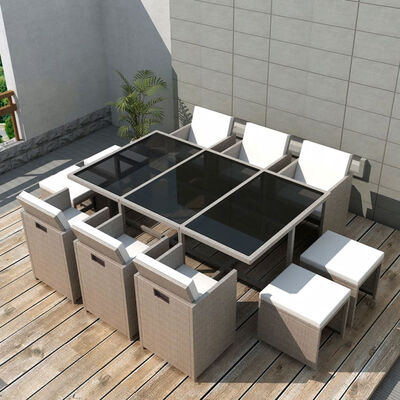

11 Piece Outdoor Dining Set with Cushions Poly Rattan Beige